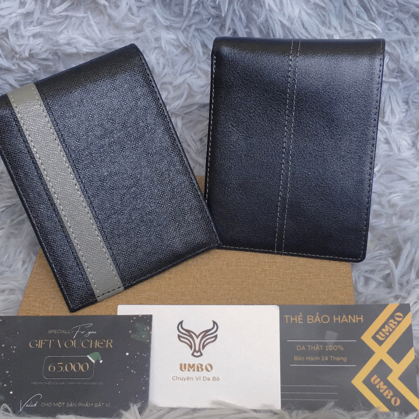 VÍ DA BÒ TAIGA ĐEN PHỐI SỌC XÁM , VÍ NGANG 9.5X12CM - THƯƠNG HIỆU UMBO