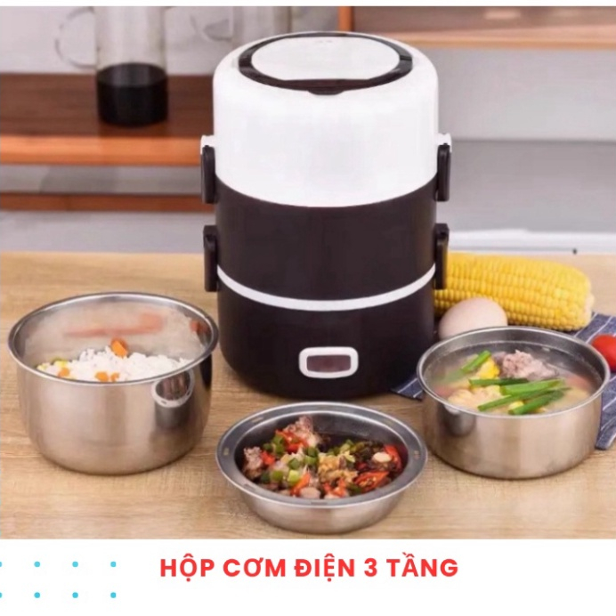 Hộp đựng cơm hâm nóng cắm điện 3 tầng, cặp lồng cơm văn phòng giữ nhiệt, hâm nóng nhanh thức ăn lõi inox cao cấp