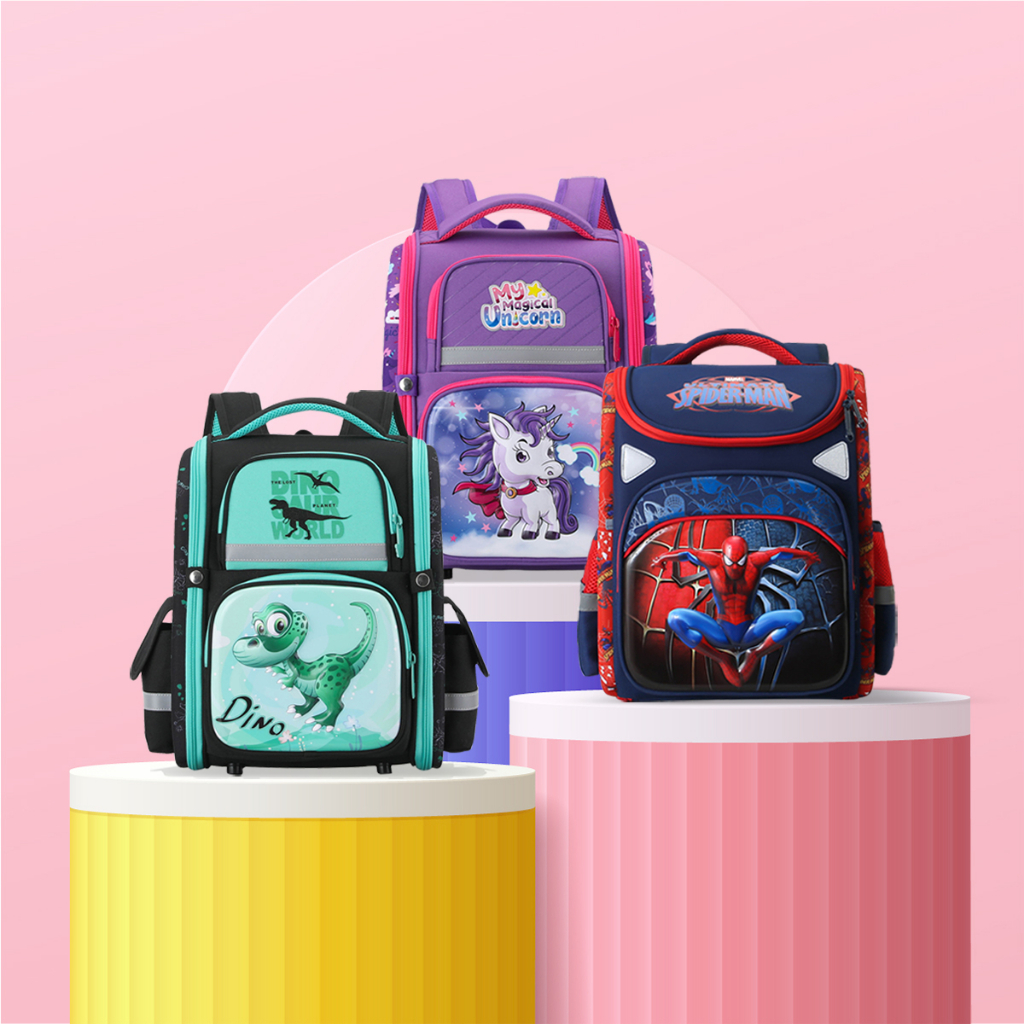 Balo chống gù cho bé đi học tiểu học 1989KIDS trọng lượng 0,94kg chống thấm nước có phản quang hình in 3d đáng yêu