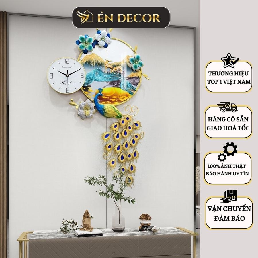 Đồng hồ treo tường con công tranh tráng gương ÉN DECOR kim trôi decor trang trí nhà cửa, phòng khách hiện đại đẹp DH155
