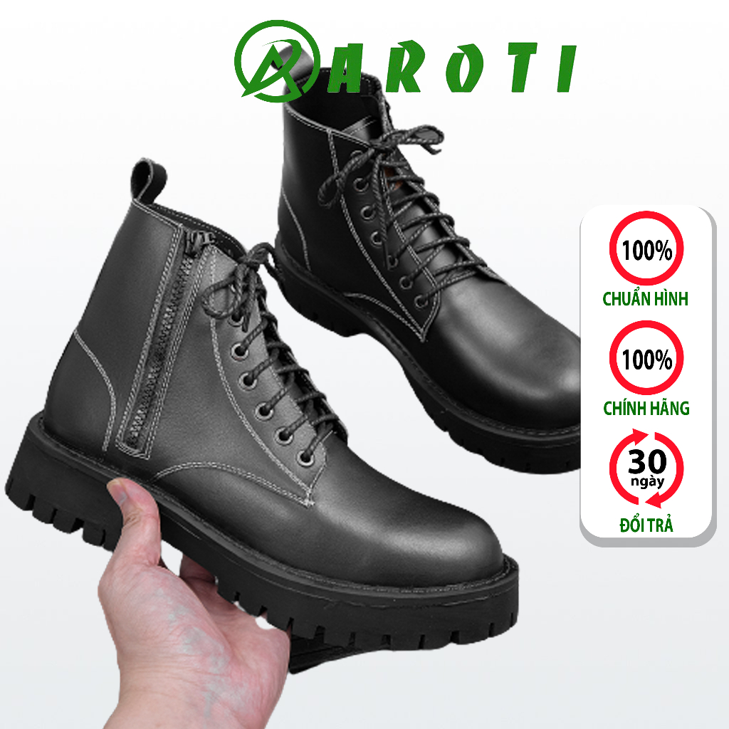 Giày Combat Boots Nam AROTI Zip Boots Cổ Cao Chất Da Bò Đẹp Cao Cấp,Đế Khâu Chắc Chắn, Tăng Chiều Cao 5cm G610-Đ