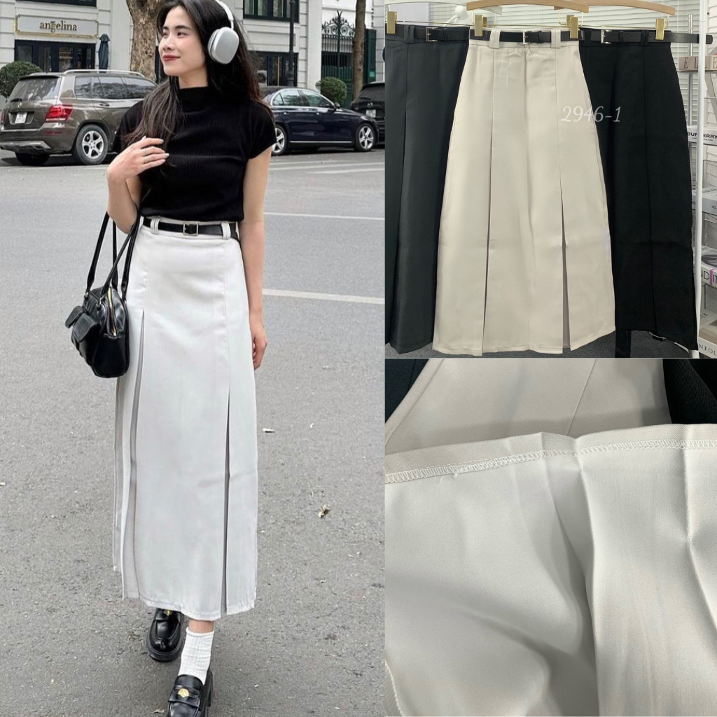Chân váy dài xếp ly kèm đai lưng trẻ trung phong cách hàn quốc - cv2946kemdai