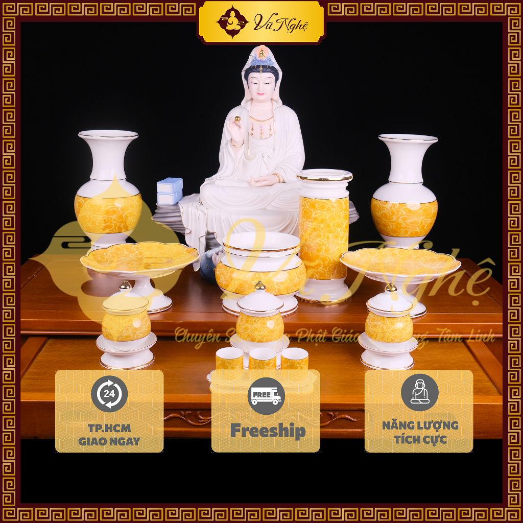 Set đồ thờ phụng Trắng Chạm Vân Vàng, sứ cao cấp, vật phẩm phong thủy, trọn bộ (có bán lẻ)