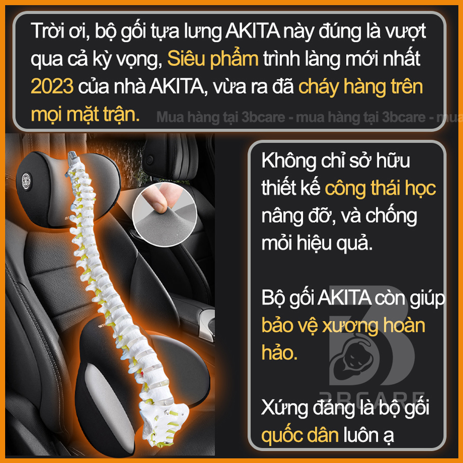 Gối tựa đầu ô tô AKITA X20 kết hợp tựa lưng ô tô thiết kế công thái học chống mỏi giảm đau khi di chuyển dài - 3Bcare