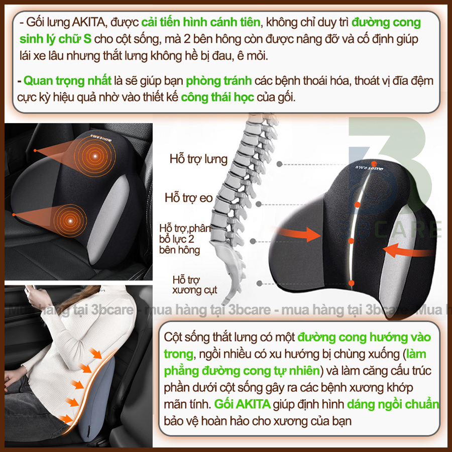 Gối tựa đầu ô tô AKITA X20 kết hợp tựa lưng ô tô thiết kế công thái học chống mỏi giảm đau khi di chuyển dài - 3Bcare