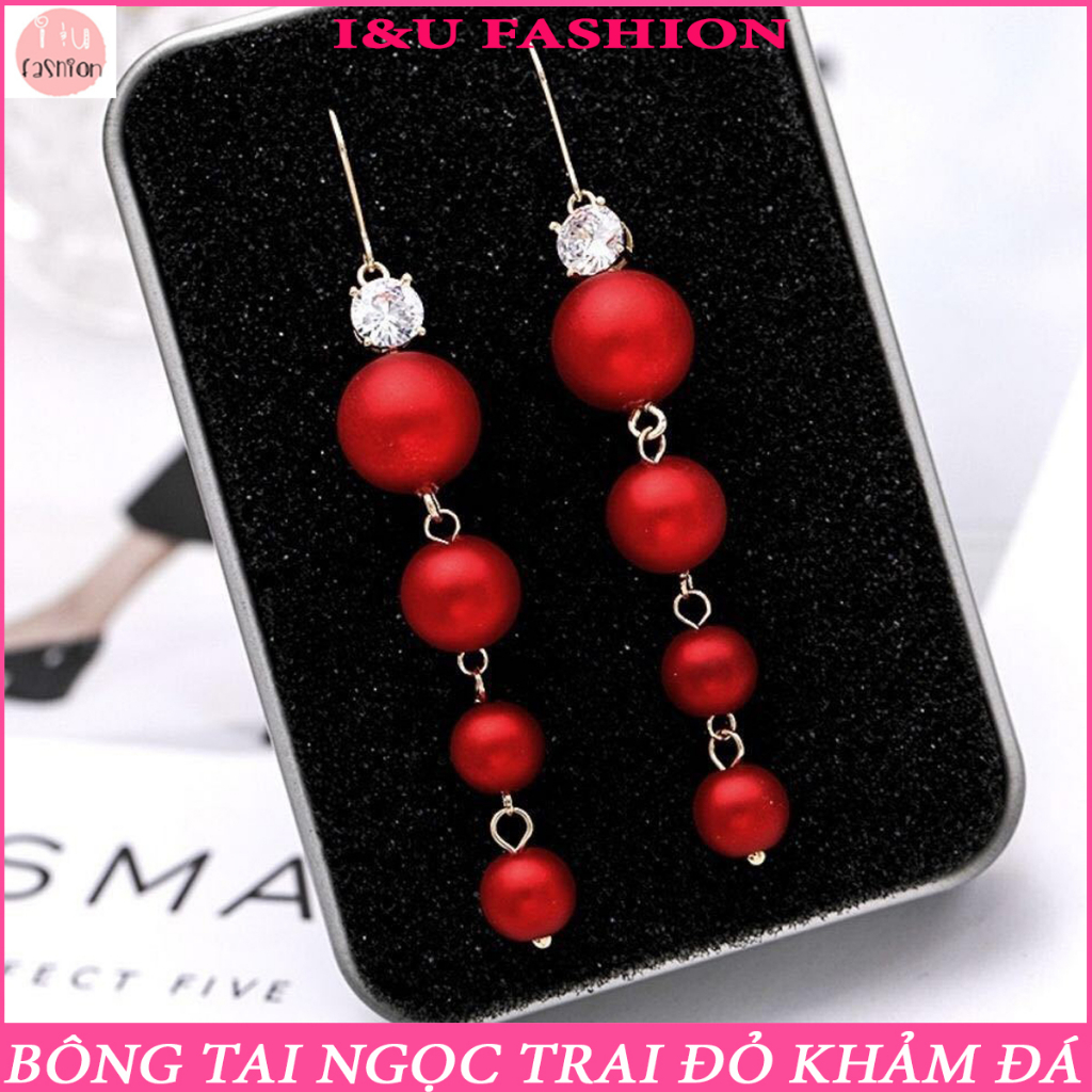 Khuyên Tai Bông Tai I&U Fashion Chuỗi Ngọc Trai Nhân Tạo Đỏ Cao Cấp Khảm Đá Khí Chất Retro Trung Hoa Kim Bạc S925 KT-174