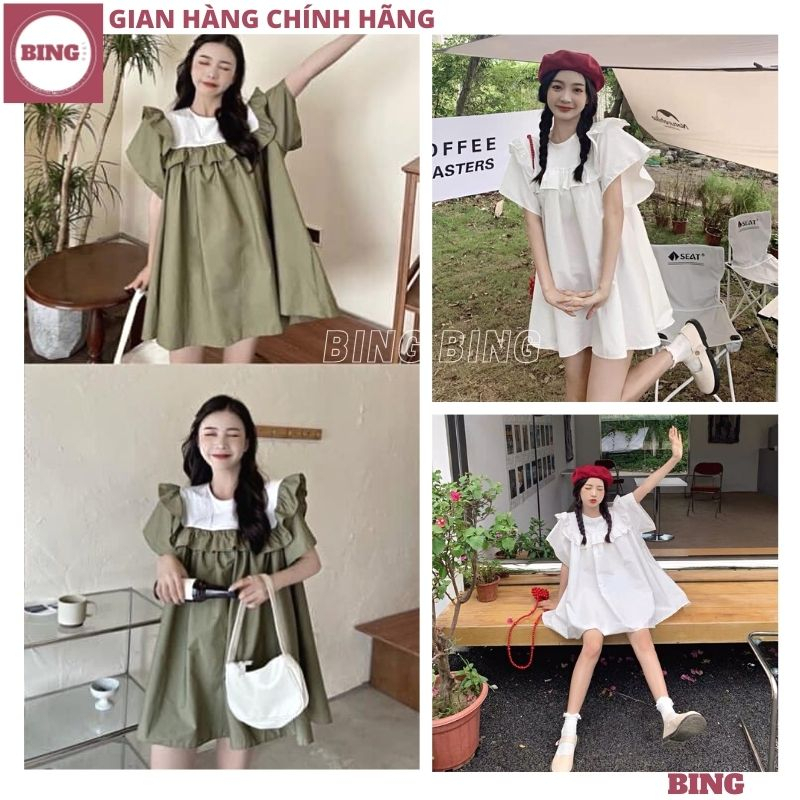 Đầm tiểu thư tay hến dáng suông phong cách hàn quốc, Váy babydoll cánh tiên bèo ngực xinh xắn phối màu trẻ trung - BING