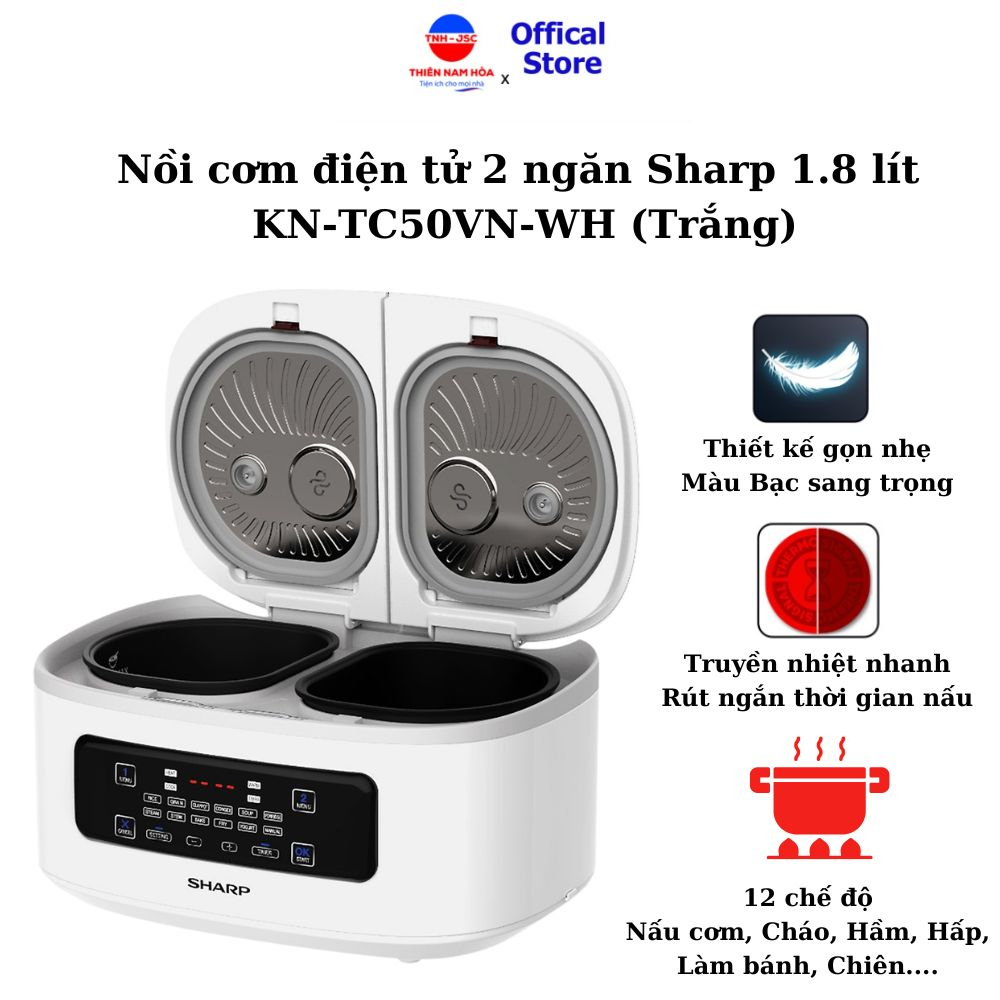 Nồi cơm điện tử đa năng Sharp 1.8 lít KN-TC50VN-WH (Trắng) Nồi cơm điện 2 ngăn: Nấu cơm, cháo, làm bánh,...