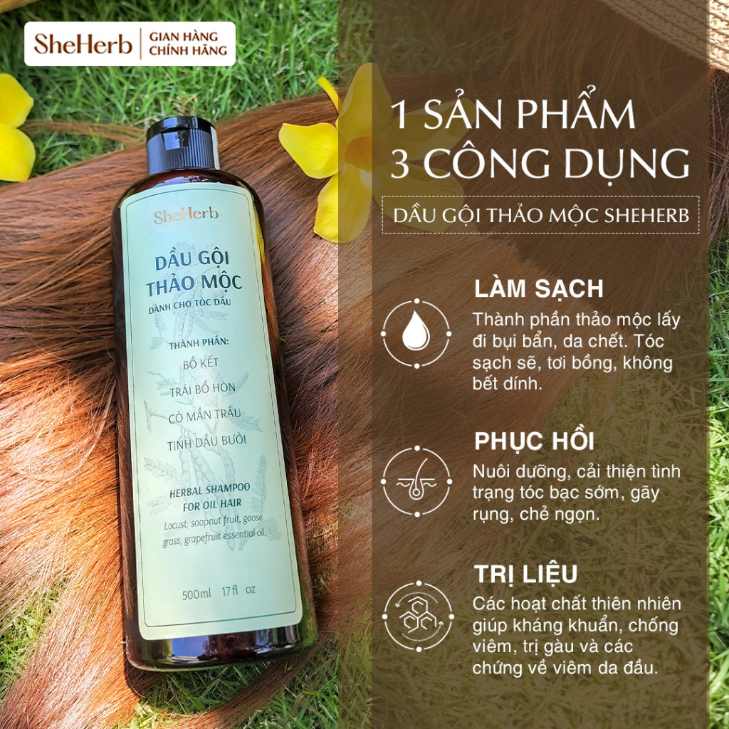 Dầu Gội Thảo Dược Ngăn Ngừa Rụng Tóc Bồ Kết SheHerb - Nuôi Dưỡng, Bảo Vệ Tóc, Giảm Gàu 250ml - 500ml