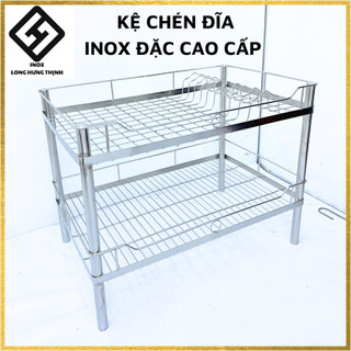 Kệ chén đĩa Inox đặc cao cấp 2 tầng, kệ bếp Inox đựng bát đũa, đồ dùng rửa chén tiện lợi, kệ để đồ nhà bếp 38x59x46 cm