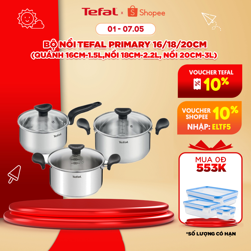 Bộ nồi Tefal Primary 16/18/20cm (quánh 16cm-1.5L,nồi 18cm-2.2L, nồi 20cm-3L)