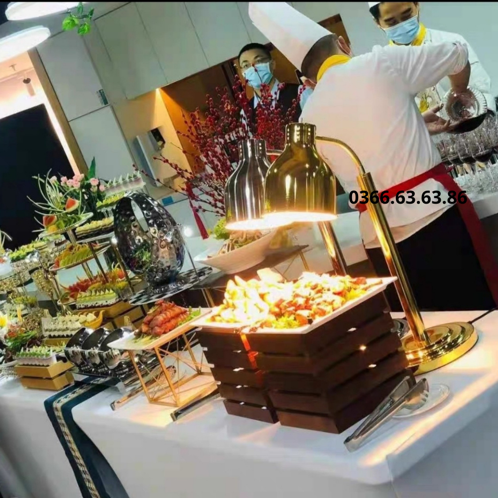 Đèn buffet, đèn hâm và giữ nóng thức ăn cho tiệc buffet. chất liệu inox, màu vàng, đồng, inox, kích thước 27x70cm
