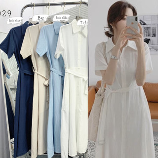 Váy đầm sơmi cổ bẻ xoè dài cộc tay kèm dây thắt eo myra - Vaysomi3029