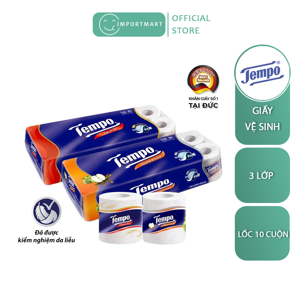 Cuộn Giấy Vệ Sinh Tempo Cao Cấp (10 Cuộn) _ 2 Mùi Hương Không Mùi, Gỗ Táo