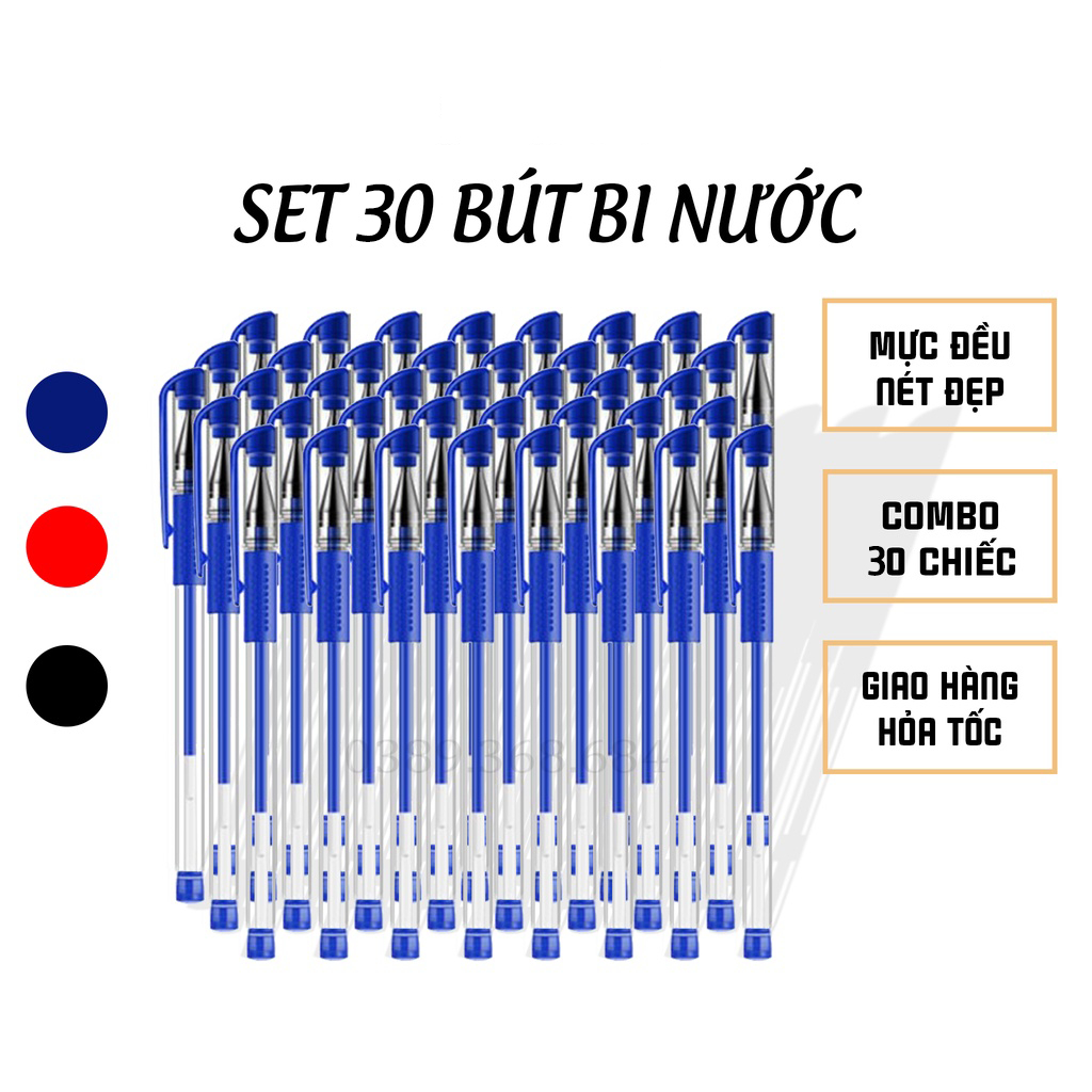 SET 30 CÁI Bút bi nước, bút bi văn phòng mực đều nét chữ đẹp đủ màu xanh đen