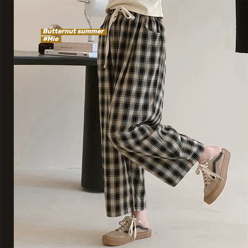 (ORDER) Quần vải ống rộng cạp chun họa tiết kẻ sọc caro đen trắng vintage trẻ trung mùa hè
