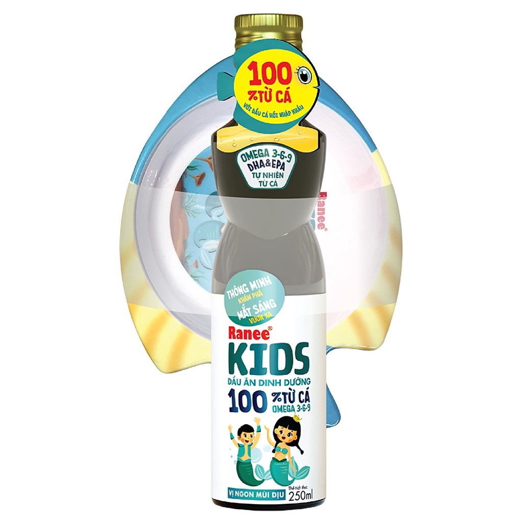 Dầu ăn dặm dinh dưỡng cho trẻ 100% từ cá Ranee Kids 250ml + tặng kèm chén ăn dặm cao cấp hình cá