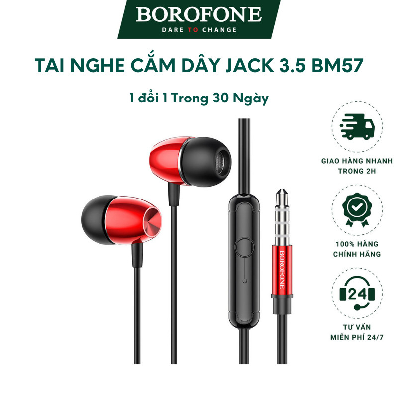 Tai nghe nhét tai có dây Borofone Bm57, jack cắm 3.5 với điện thoại ai phôn, sam sung, oppo, thiết kế míc đàm thoại.....