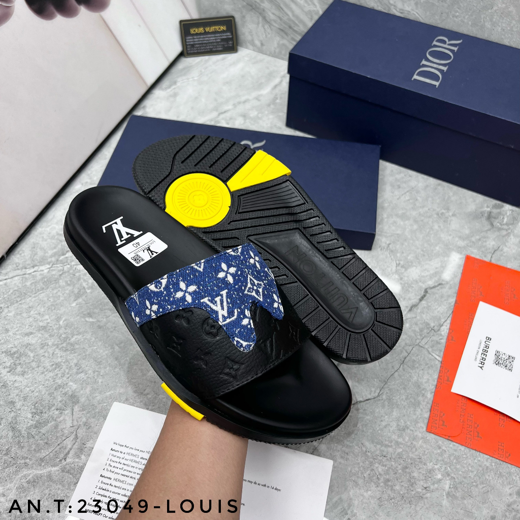 Dép quai ngang nam LV cao su cao cấp_Dép lê nam LV đế cao quai da pha vải 2023 - Giá Sốc