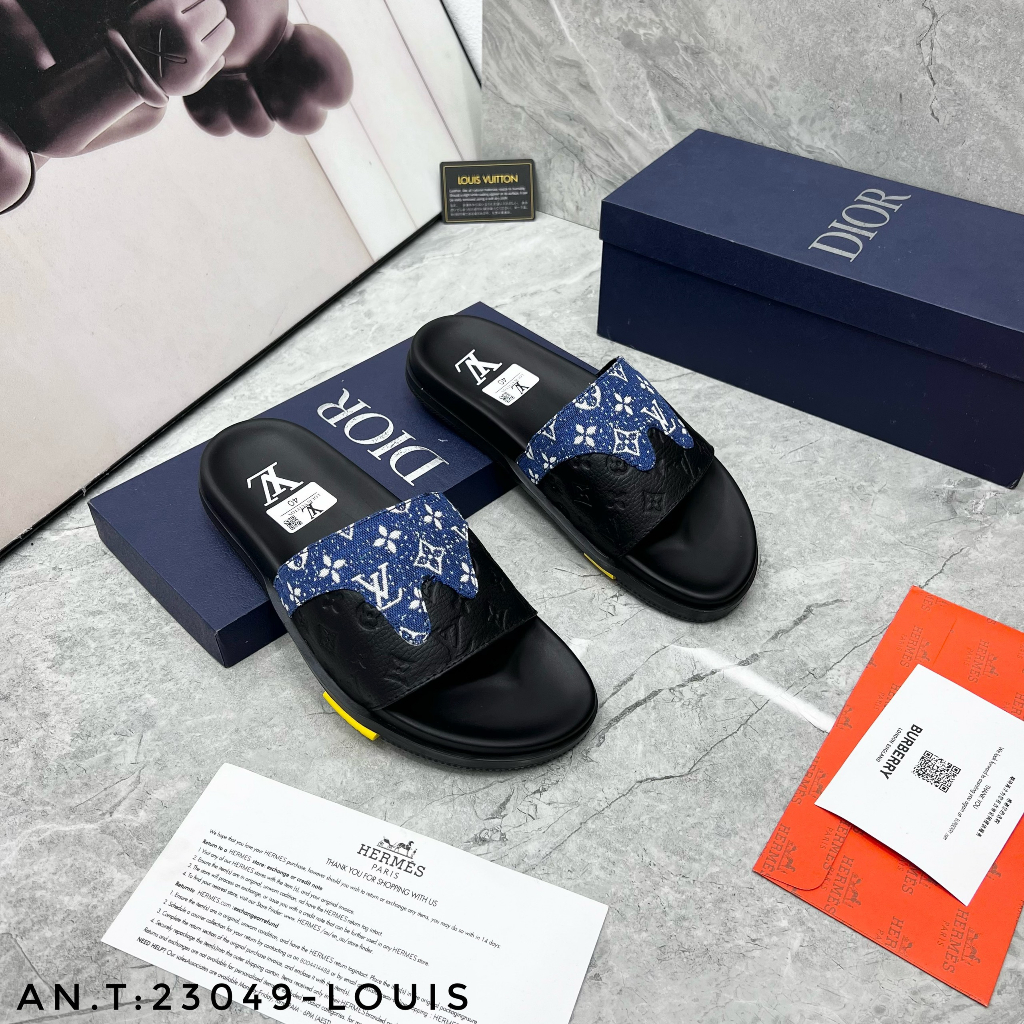 Dép quai ngang nam LV cao su cao cấp_Dép lê nam LV đế cao quai da pha vải 2023 - Giá Sốc