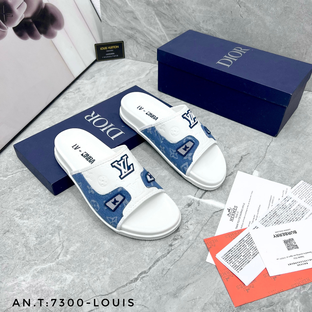 Dép quai ngang nam LV cao su cao cấp_Dép lê nam LV đế cao quai da pha vải 2023 - Giá Sốc