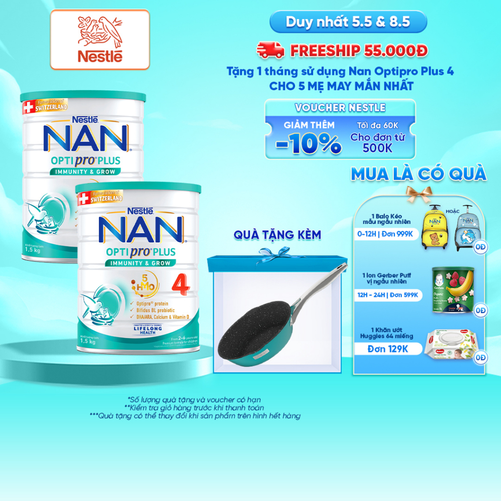 Combo 2 lon Sản Phẩm Dinh Dưỡng Nestlé NAN OPTIPRO PLUS 4 1500g/lon với 5HMO