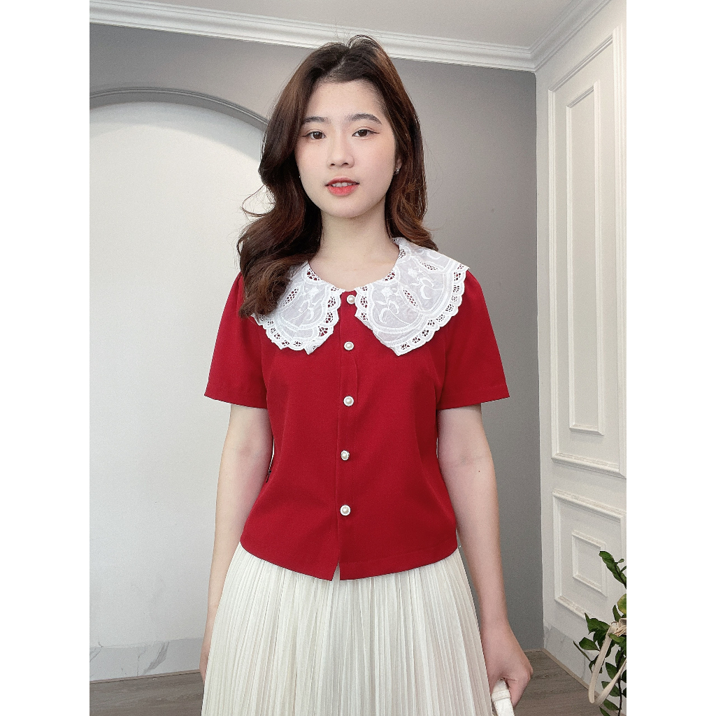Áo Croptop Cổ Phối Viền Ren Cúc Ngọc Min House