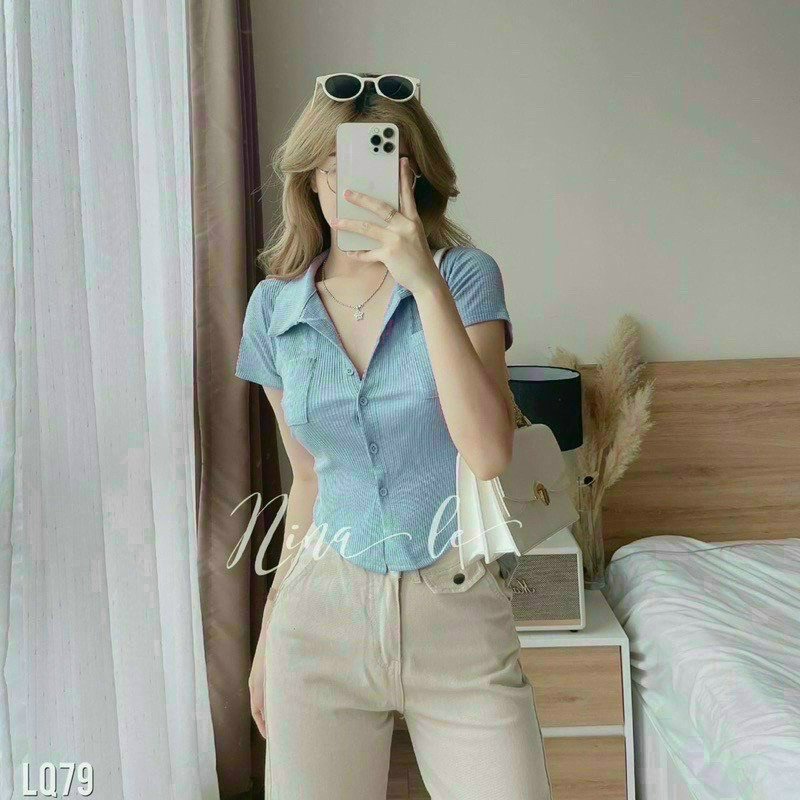 Áo sơ mi thun gân dáng croptop dễ phối đồ