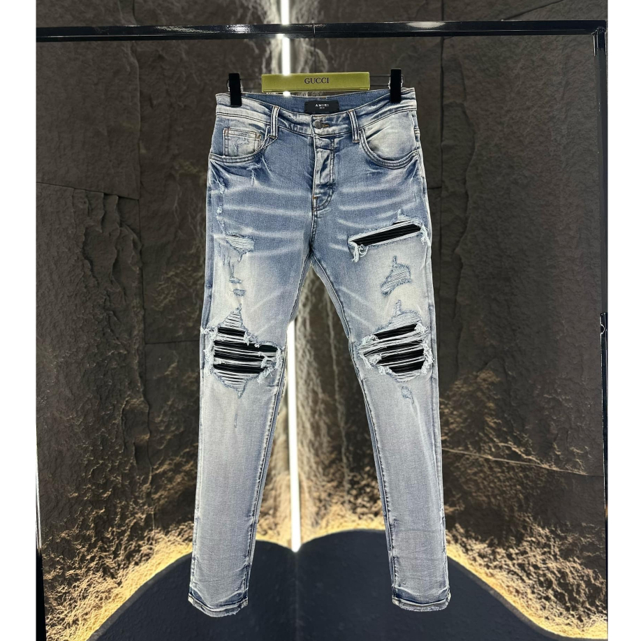 Quần JEAN Nam Amiri 4 Khuy Xanh Khói Gối Lót Da Màu Hot Quần Bò Nam Skinny Amiri Wash Xanh Mài Bạc Viền Vá Vải Nhăn Đỏ
