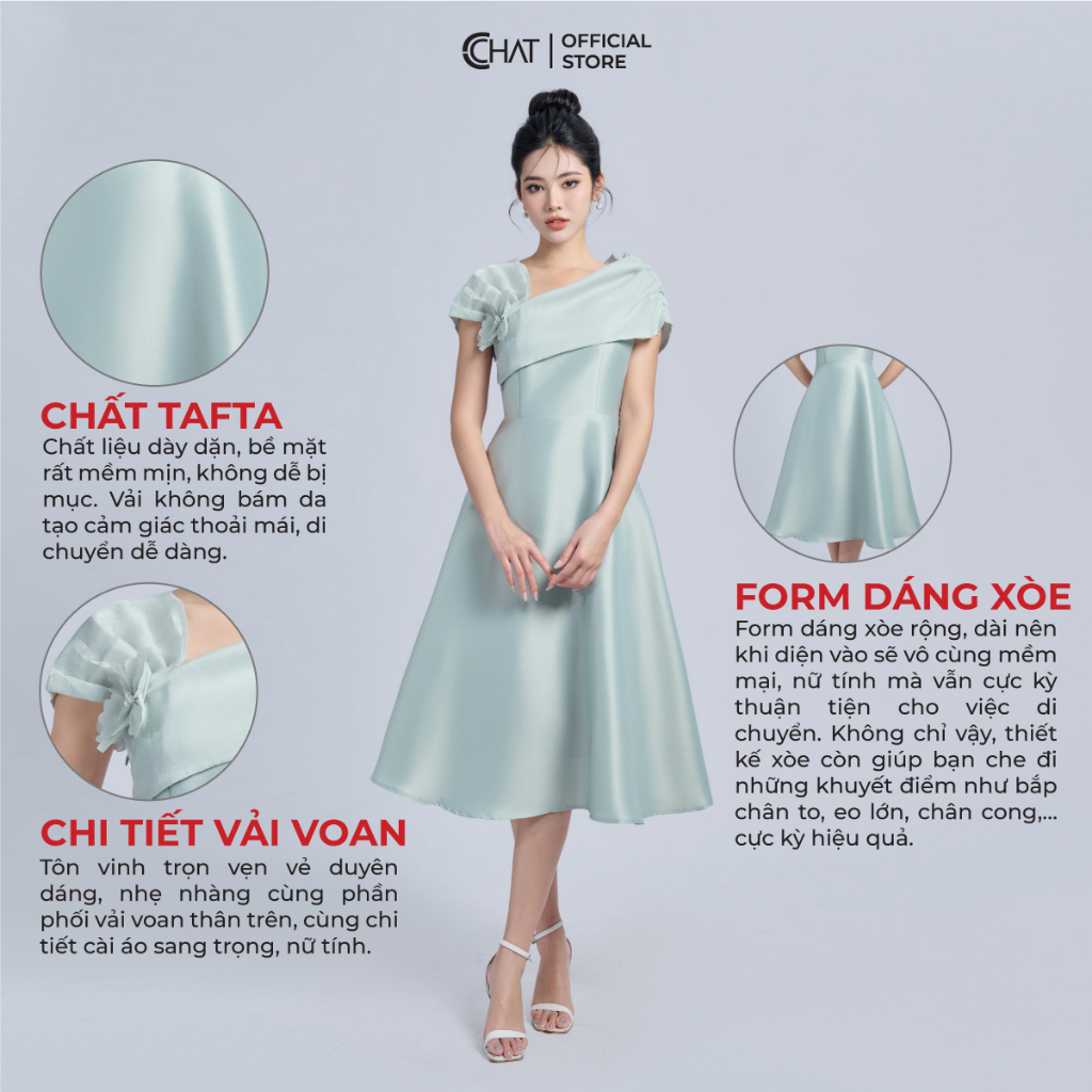 Đầm Nữ 𝐂𝐂𝐇𝐀𝐓 Phối Voan Tay Lệch Dáng Xòe Chất Tafta Cao Cấp 22VNB8017XT