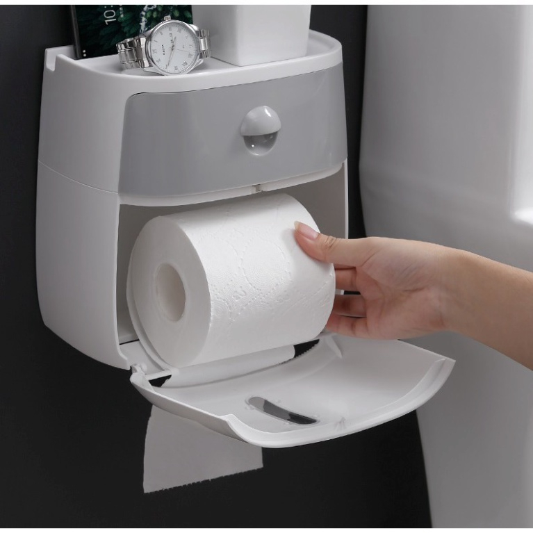 Hộp Ecoco đựng giấy vệ sinh dán tường chống nước có khay để đồ, Kệ nhà tắm dán tường giá treo thông minh