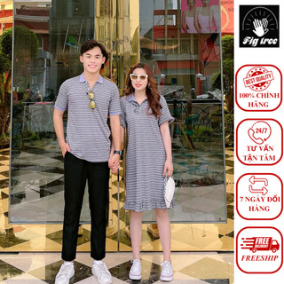 Set áo váy thun đôi polo fig tree sọc xám siêu xinh
