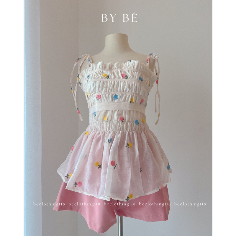 Set áo 2 dây ndue thêu hoa cột vai + short nude