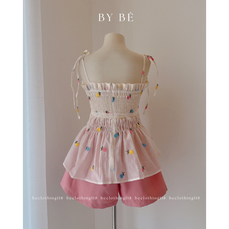 Set áo 2 dây ndue thêu hoa cột vai + short nude