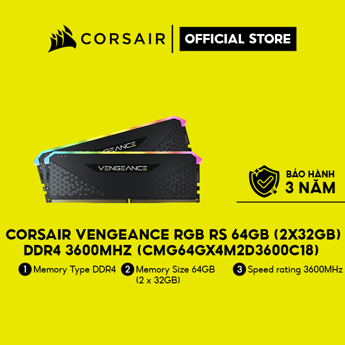 Ram Desktop Corsair Vengeance RGB RS (CMG64GX4M2D3600C18) 64GB (2x32GB) DDR4 3600MHz