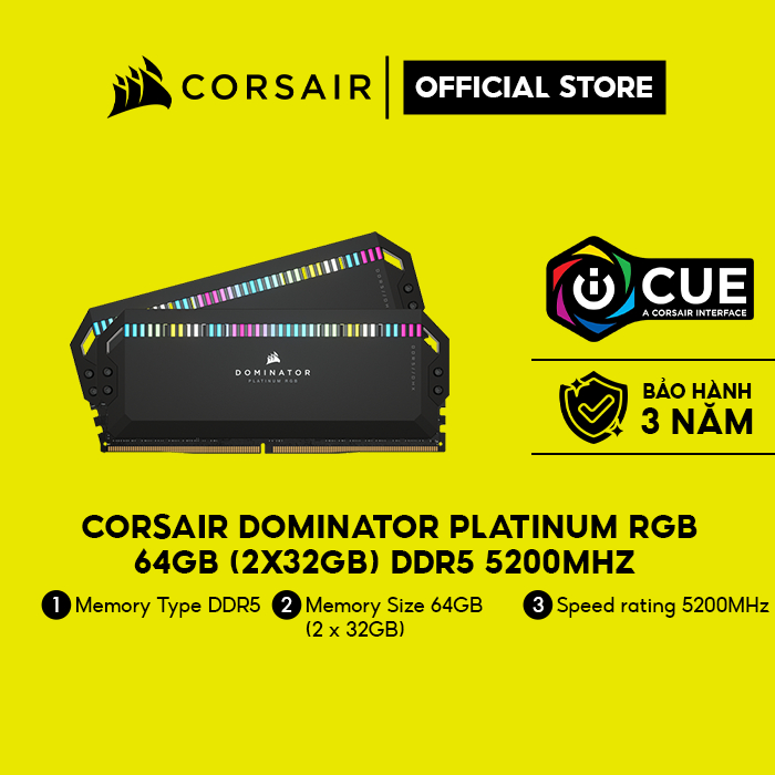 RAM Corsair DOMINATOR PLATINUM RGB 64GB (2x32GB) DDR5 5200MHz Black (CMT64GX5M2B5200C40)