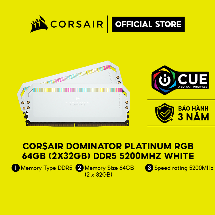 RAM Corsair DOMINATOR PLATINUM RGB 64GB (2x32GB) DDR5 5200MHz White (CMT64GX5M2B5200C40W)