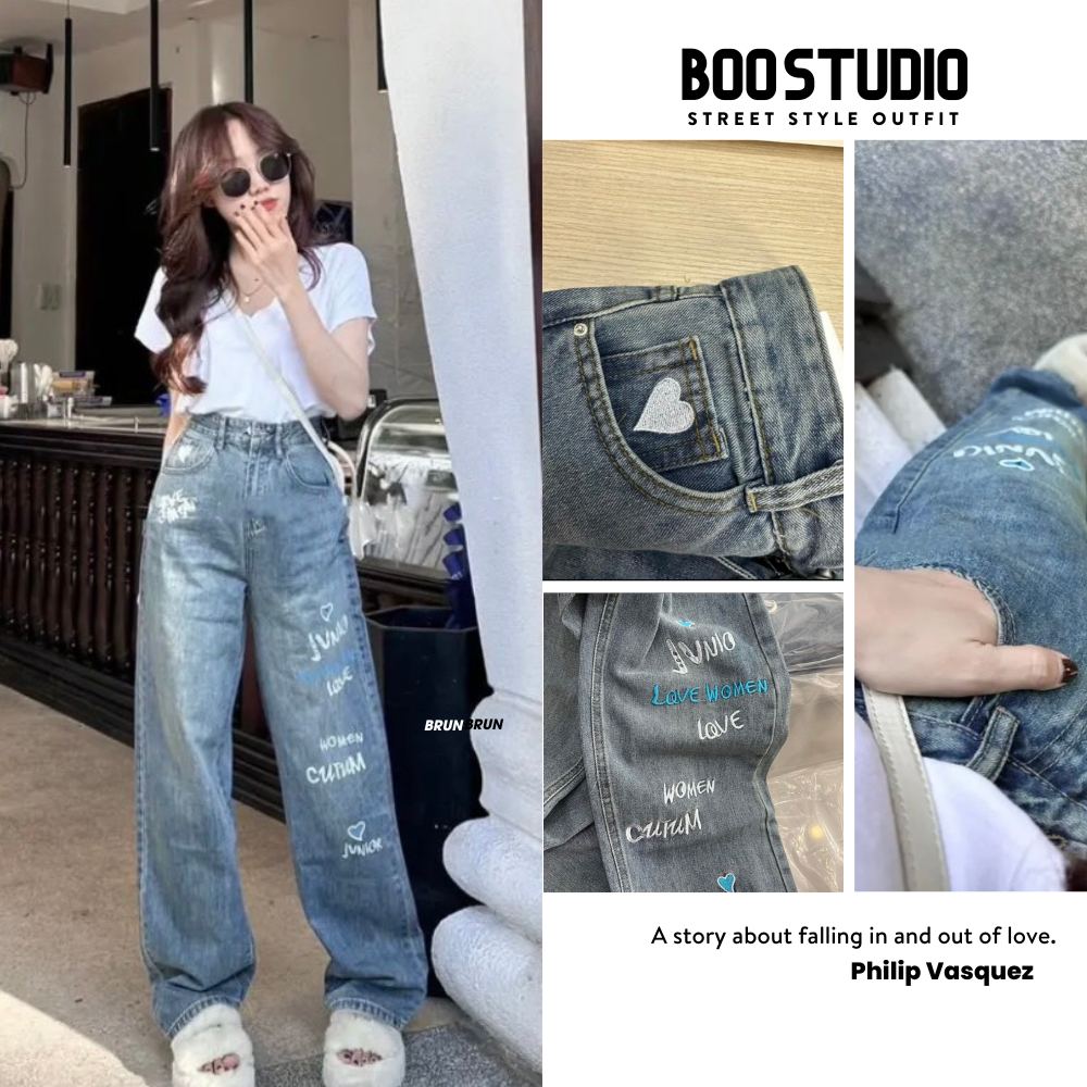 Quần Jean Nữ Ống Rộng Cạp Cao Thêu Trái Tim, Chữ Trắng Quần Jean Nữ booboo Cao Cấp
