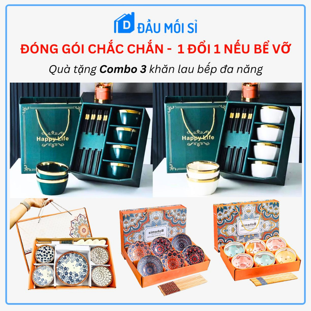 Bộ chén bát đĩa sứ ăn cơm kèm đũa dễ thương sang trọng Happy Life, Thổ cẩm, Động vật, Hoa văn Nhật từ Khodaumoisi