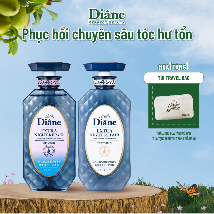 Combo gội xả phục hồi chuyên sâu tóc hư tổn Moist Diane Extra Night Repair 450ml