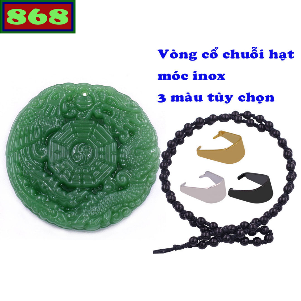 Mặt dây chuyền long phụng bát quái đá xanh (size XXL) kèm vòng cổ hạt chuỗi đá đen + móc inox, mặt dây chuyền phong thủy