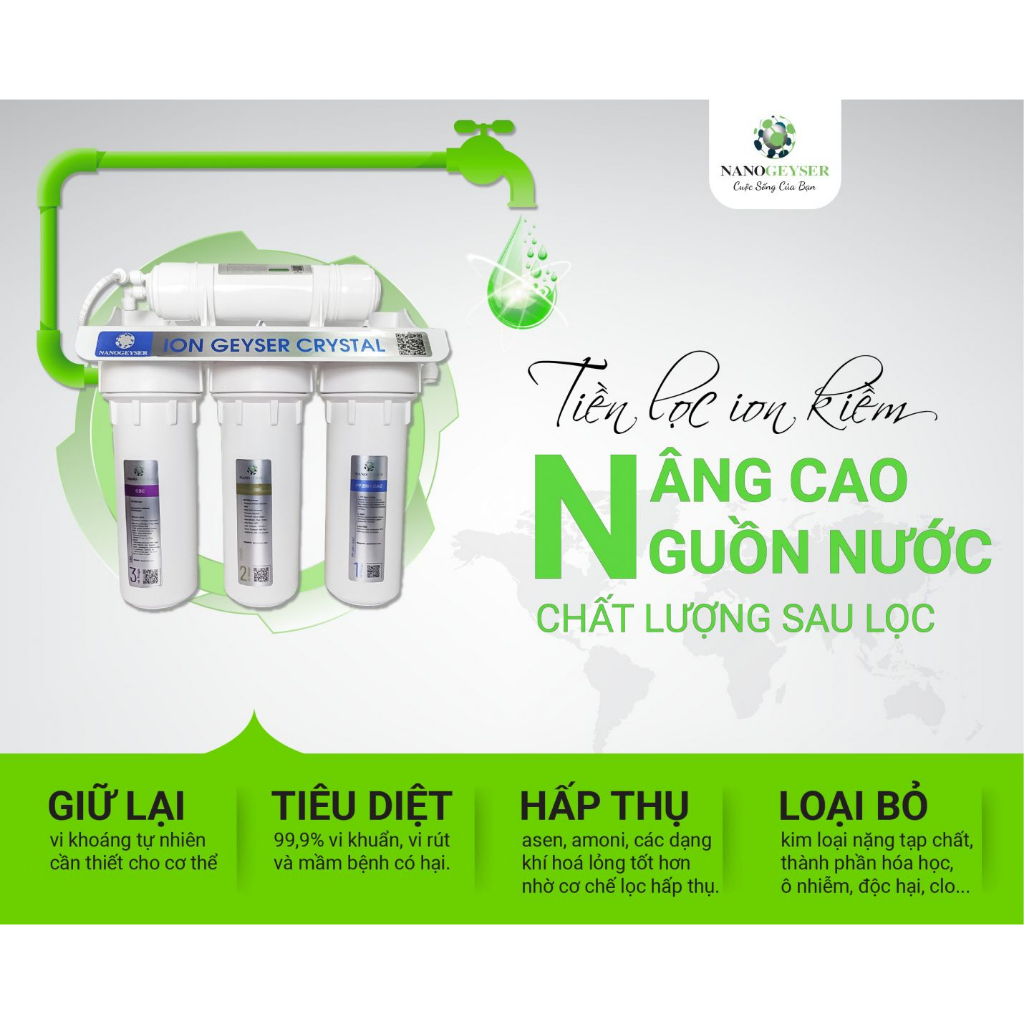 Bộ tiền lọc ion kiềm - ION GEYSER CRYSTAL Hàng chính hãng, Bảo hành 1 đổi 1, tiền xử lý cho lọc nước kiềm