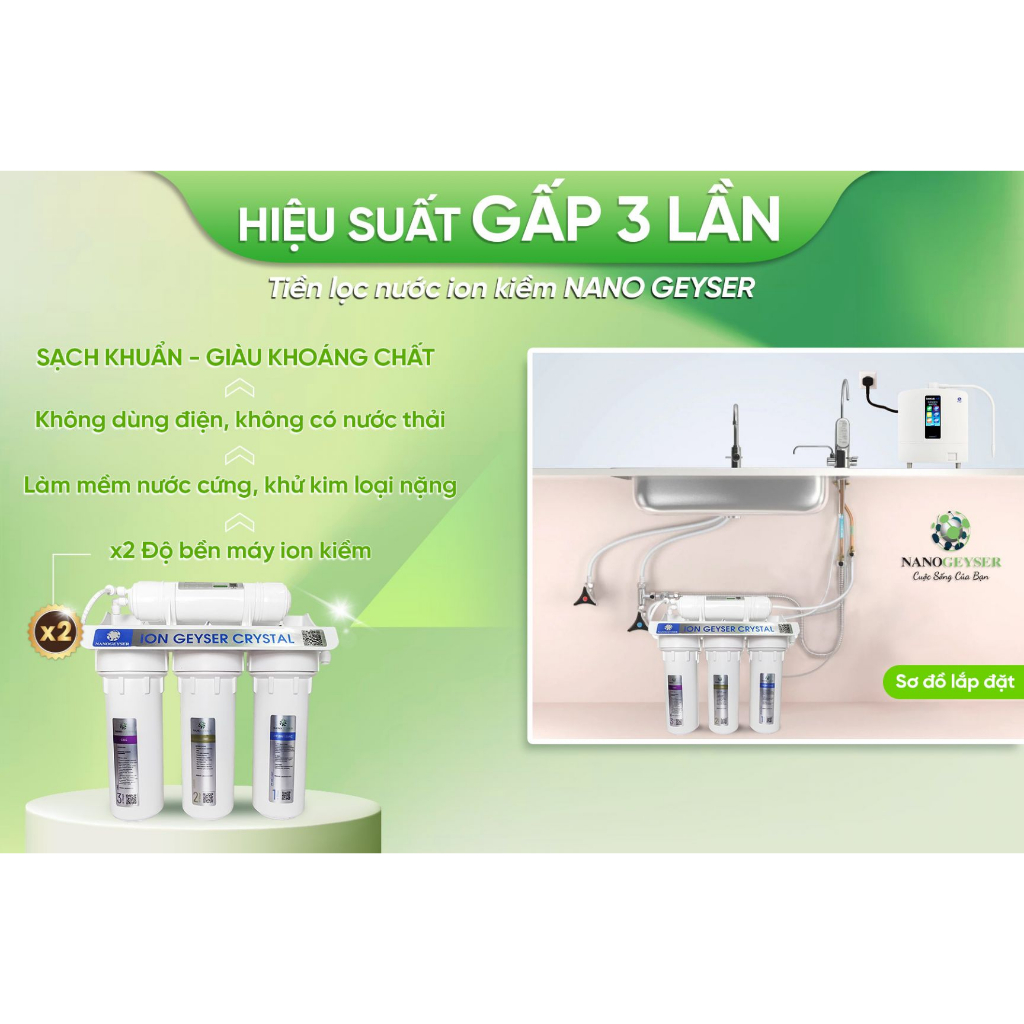Bộ tiền lọc ion kiềm - ION GEYSER CRYSTAL Hàng chính hãng, Bảo hành 1 đổi 1, tiền xử lý cho lọc nước kiềm