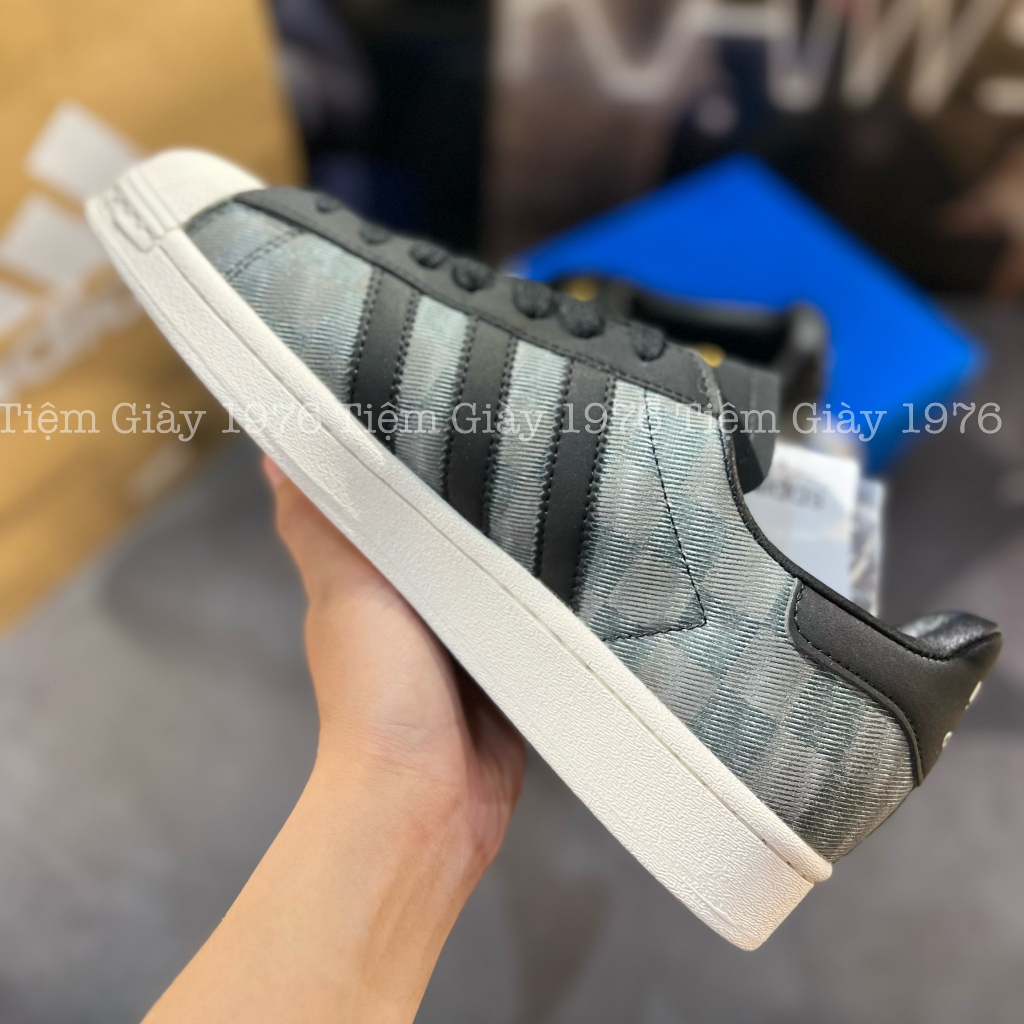 Giày Thể Thao Superstar Denim  Plack Grey x Atmos Giày Adidas Mũi Sò Vải Bò Đen Họa Tiết Chìm
