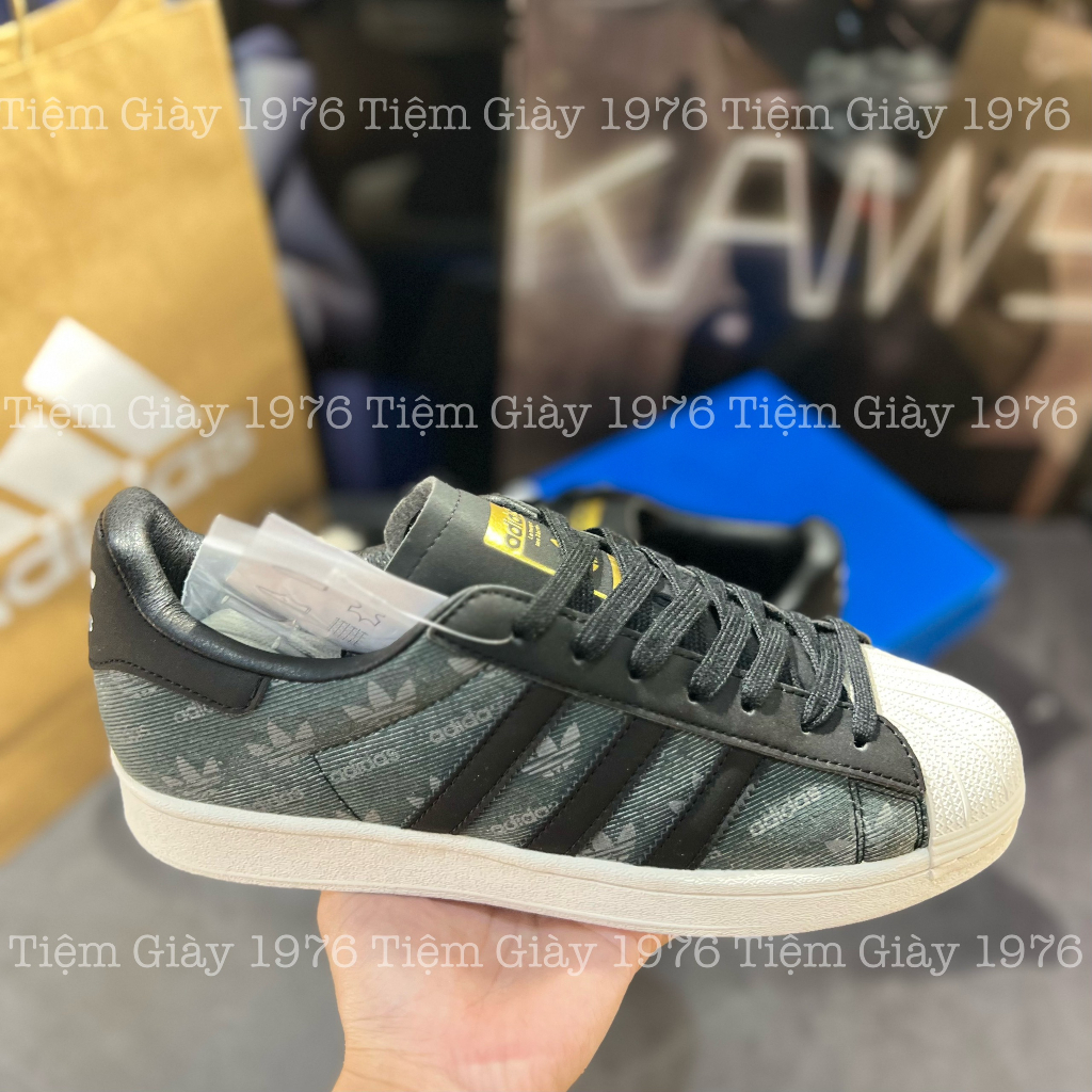 Giày Thể Thao Superstar Denim  Plack Grey x Atmos Giày Adidas Mũi Sò Vải Bò Đen Họa Tiết Chìm