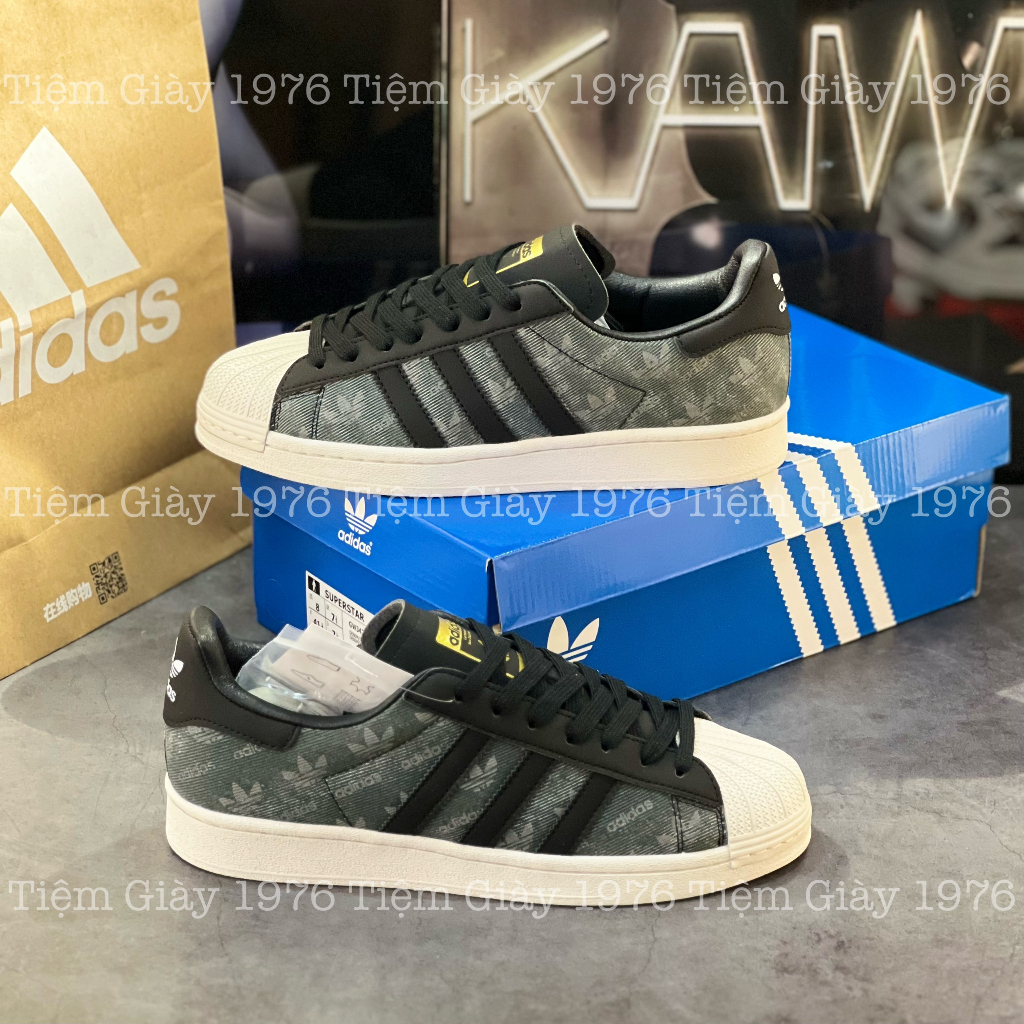 Giày Thể Thao Superstar Denim  Plack Grey x Atmos Giày Adidas Mũi Sò Vải Bò Đen Họa Tiết Chìm