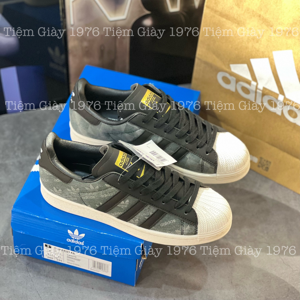 Giày Thể Thao Superstar Denim  Plack Grey x Atmos Giày Adidas Mũi Sò Vải Bò Đen Họa Tiết Chìm
