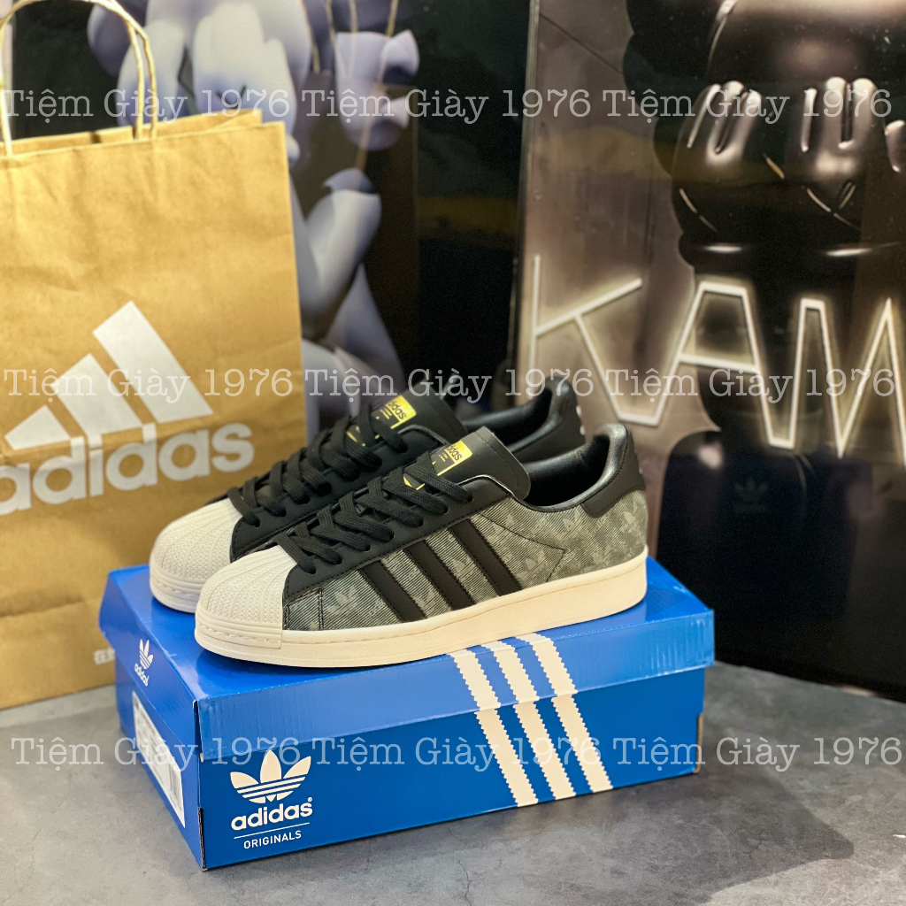 Giày Thể Thao Superstar Denim  Plack Grey x Atmos Giày Adidas Mũi Sò Vải Bò Đen Họa Tiết Chìm