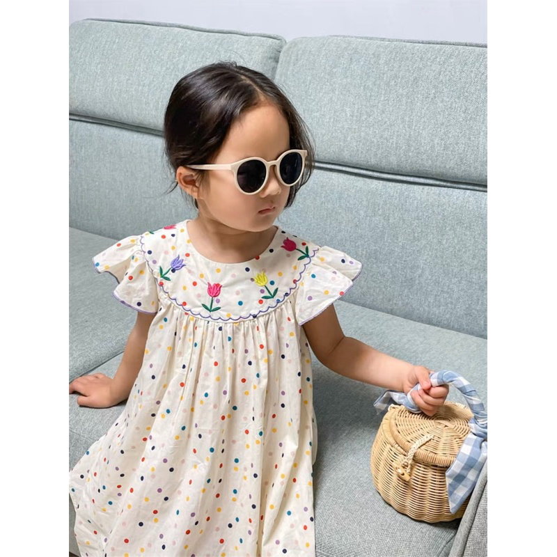 váy thô chấm bi cầu vồng thêu hoa tulip cho bé gái