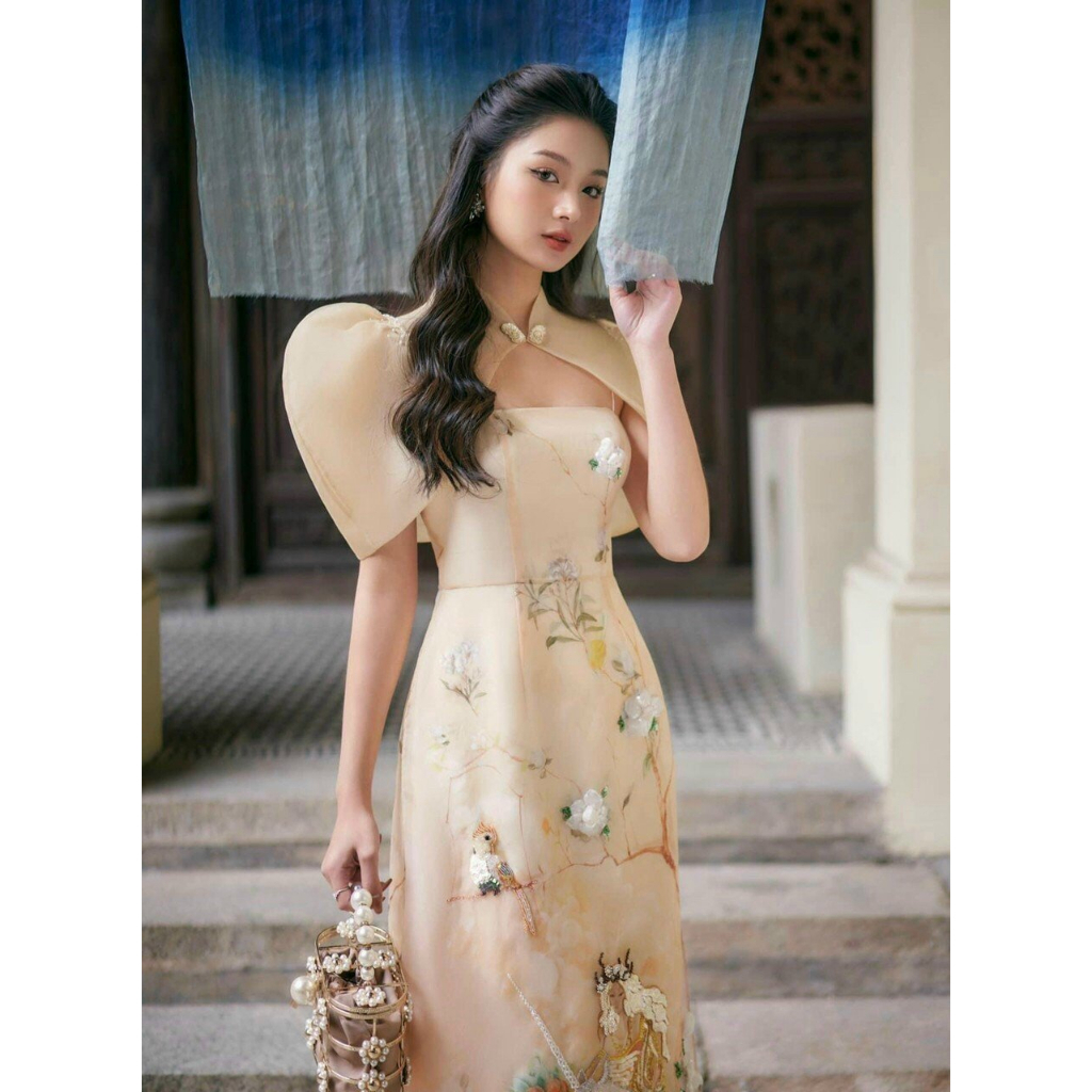 Set Áo dài cách tân 2023 công chúa tơ organza đính kết hoa cao cấp (3 màu) ths23-56